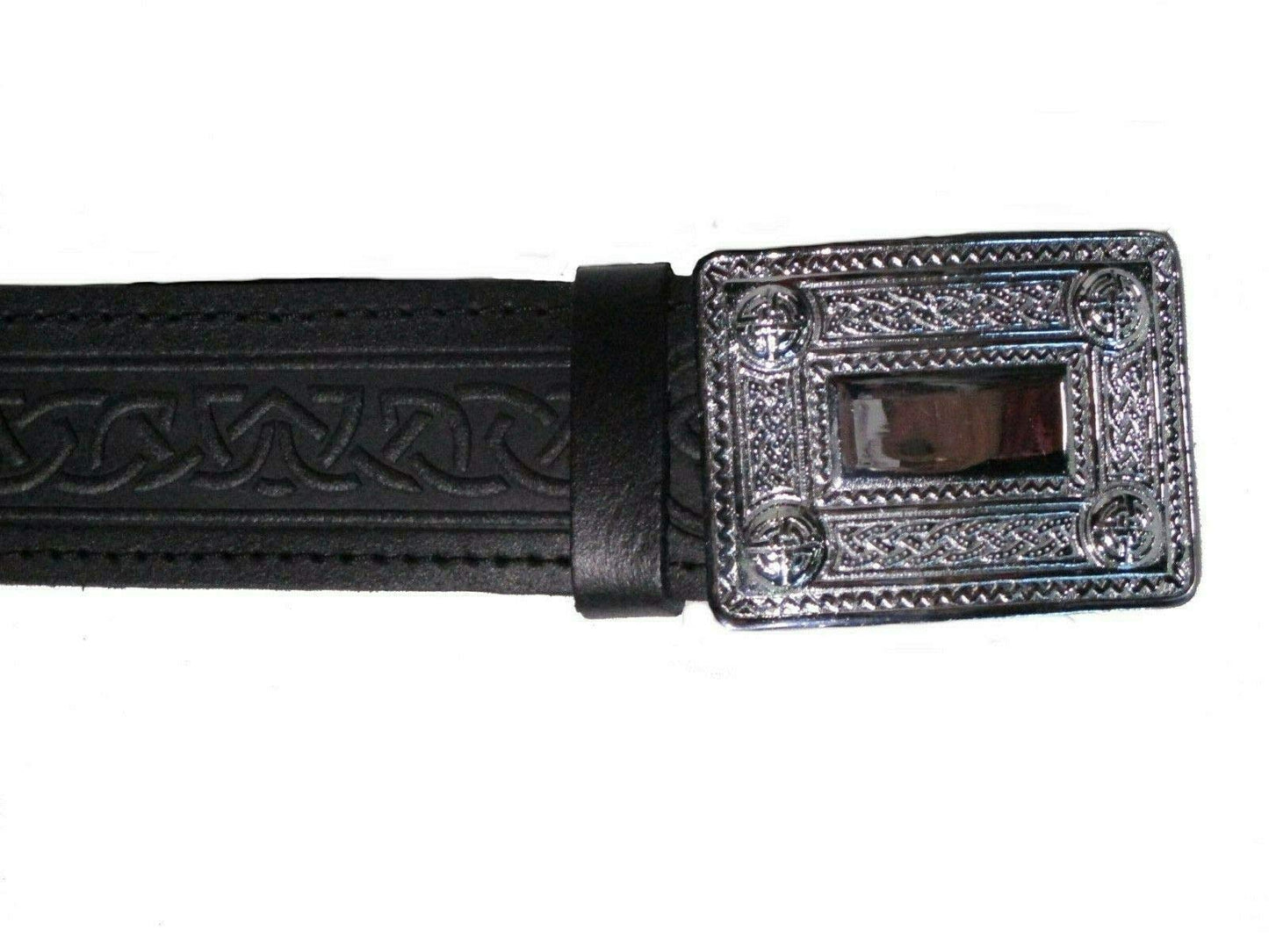 AAR Leather Celtic Design Kilt Belt Black & Brown With Chrome Finish Buckle Scottish Highland