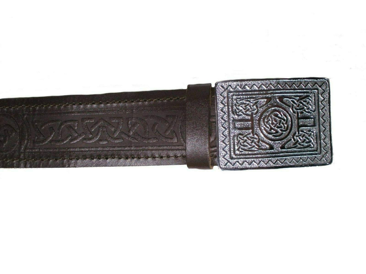 AAR Leather Celtic Design Kilt Belt Black & Brown With Chrome Finish Buckle Scottish Highland