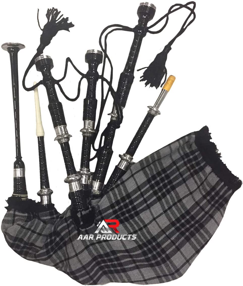 Scottish Bagpipe Rosewood Royal Stewart Tartan Black Finish with Silver Plain Mounts Free Tutor Book, Carrying Bag, Drone, Reeds