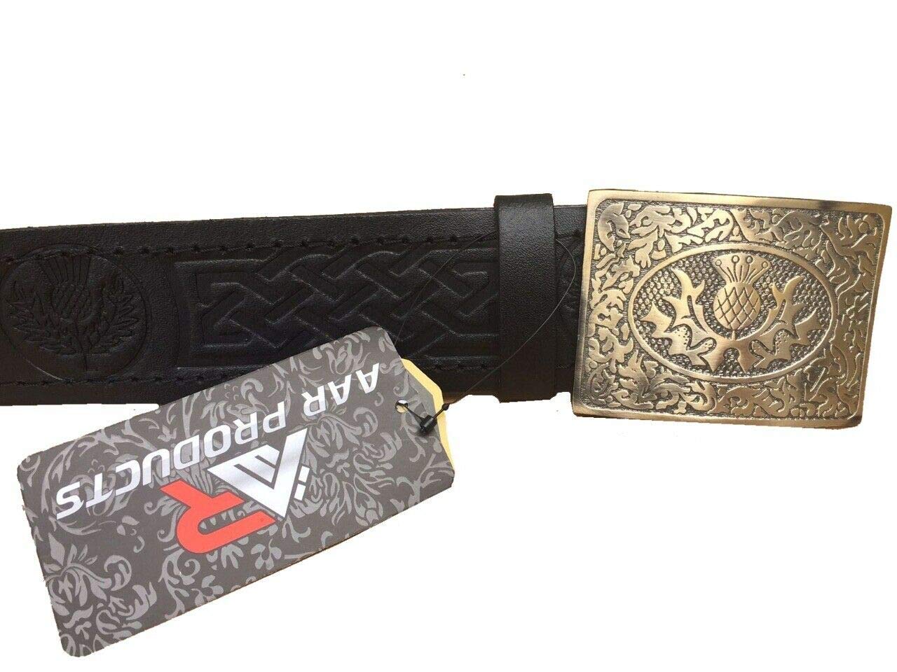 Black Leather Thistle Design Scottish Highland Kilt Belt With Antique Finish Buckle