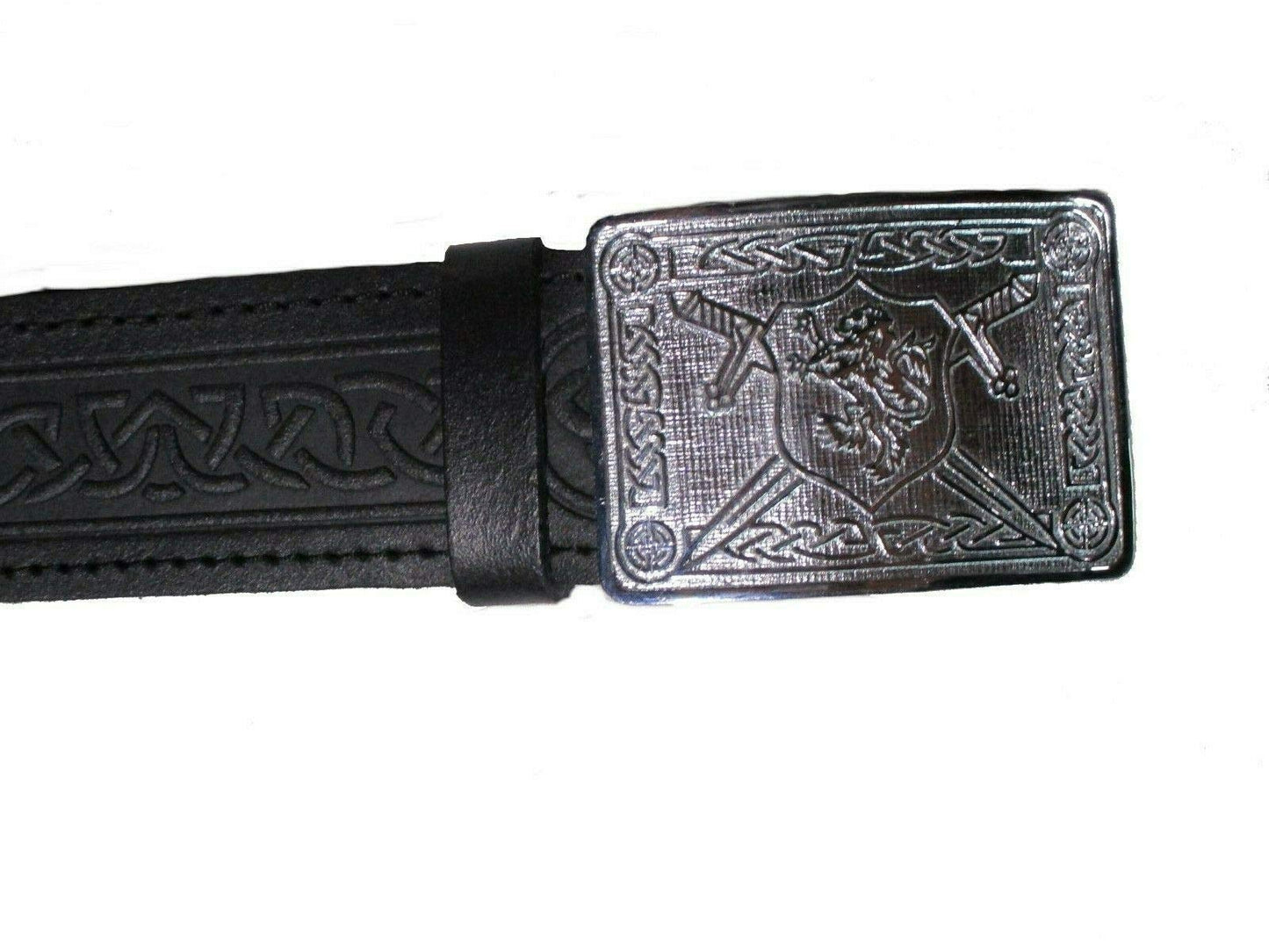 AAR Leather Celtic Design Kilt Belt Black & Brown With Chrome Finish Buckle Scottish Highland