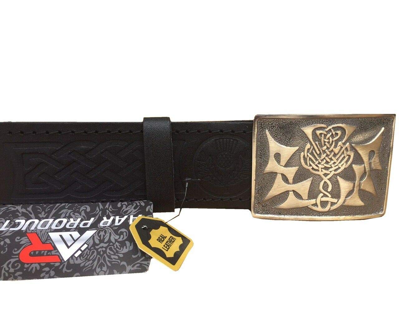 Black Leather Thistle Design Scottish Highland Kilt Belt With Antique Finish Buckle