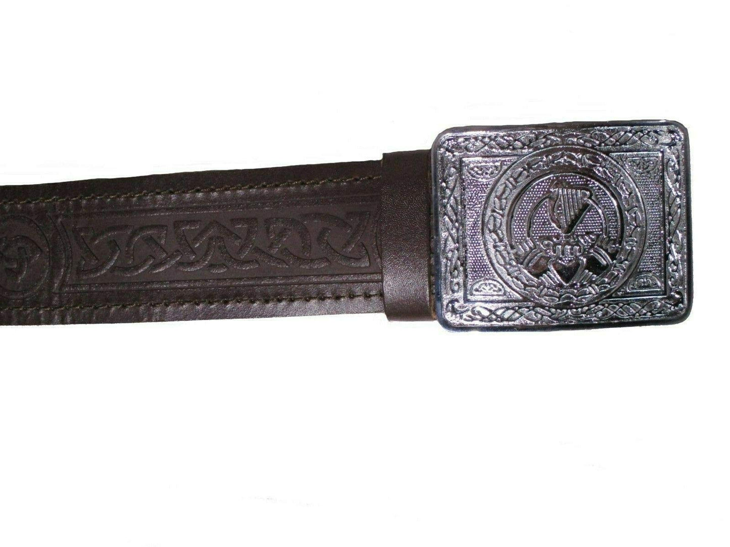 AAR Leather Celtic Design Kilt Belt Black & Brown With Chrome Finish Buckle Scottish Highland