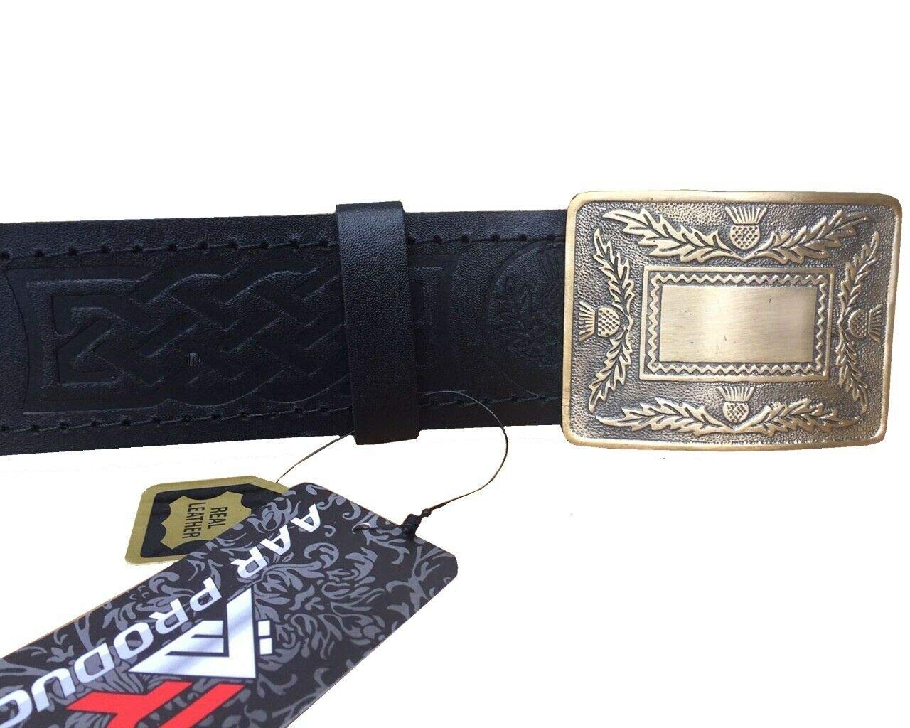 Black Leather Thistle Design Scottish Highland Kilt Belt With Antique Finish Buckle