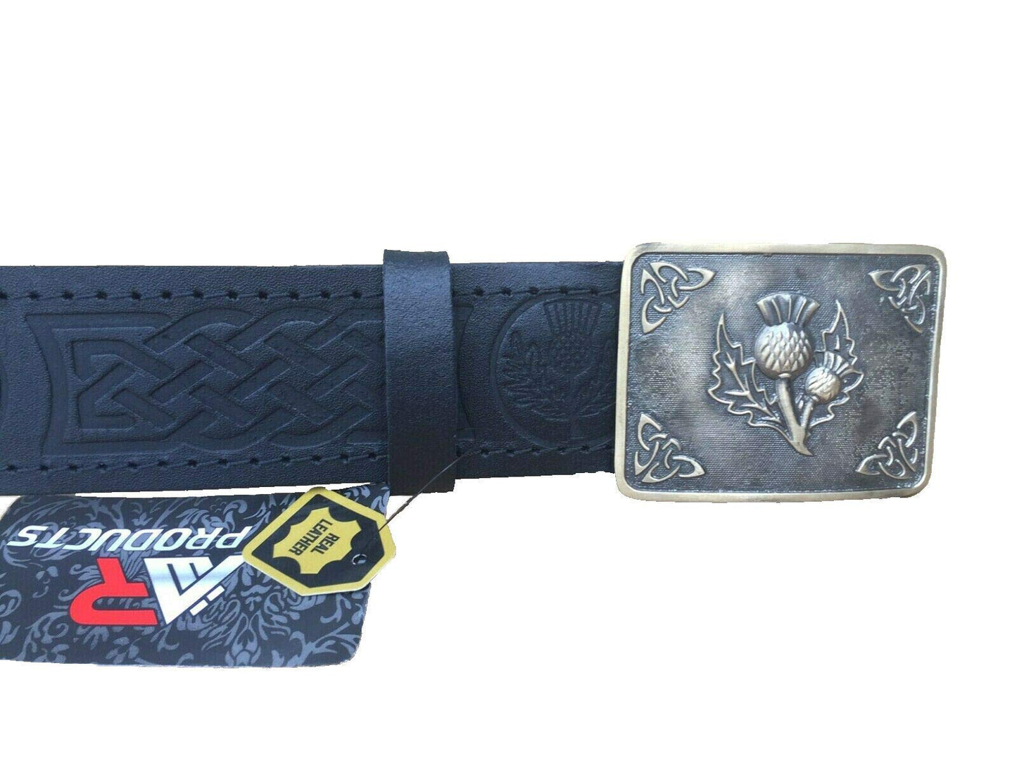 Black Leather Thistle Design Scottish Highland Kilt Belt With Antique Finish Buckle