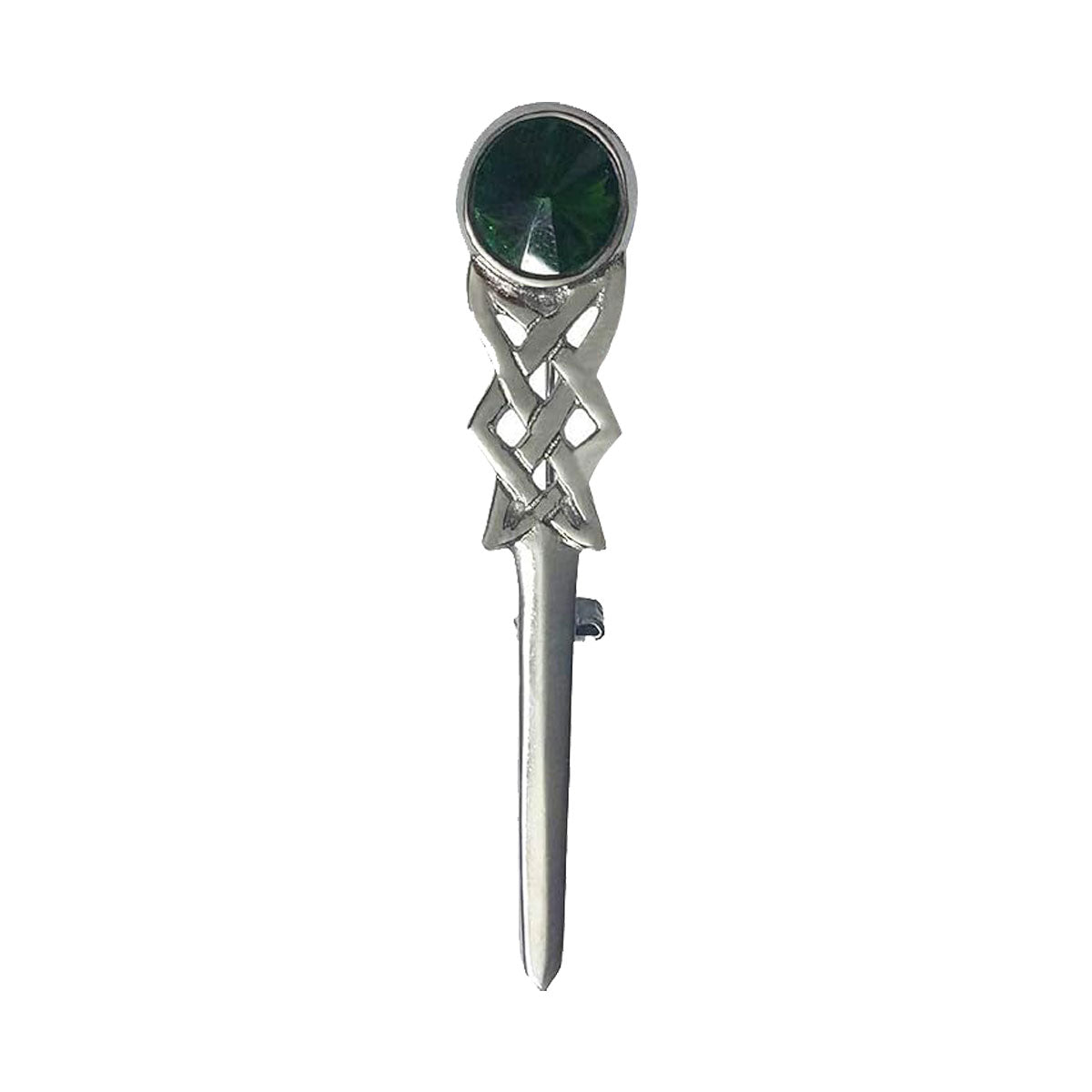 Kilt Pin Scottish Celtic Knot Stone Chrome Finish Green Stone