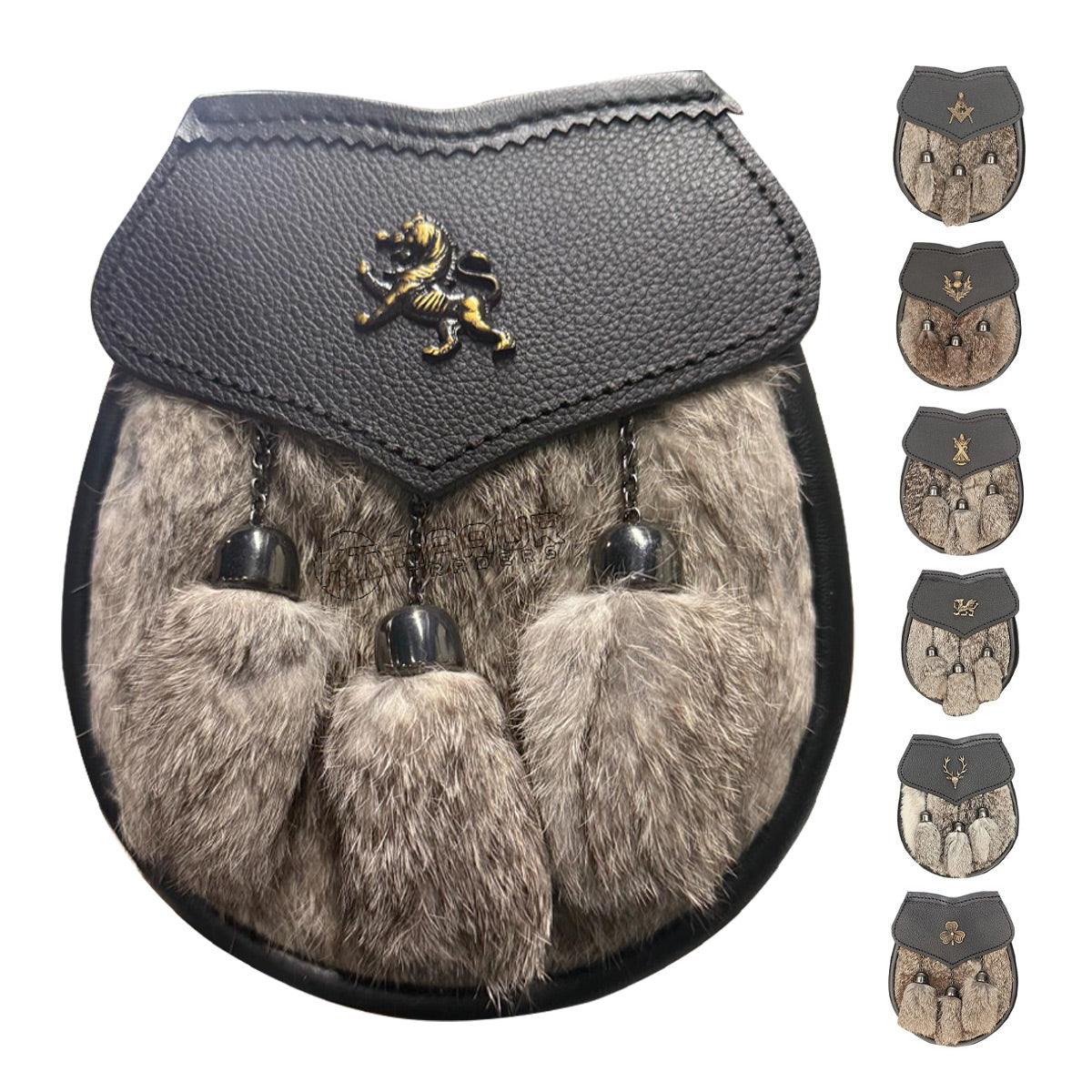 Men's Semi Dress Sporran Brown Rabbit Formal Fur 3 Tassels Leather Belt Chain Antique Badges