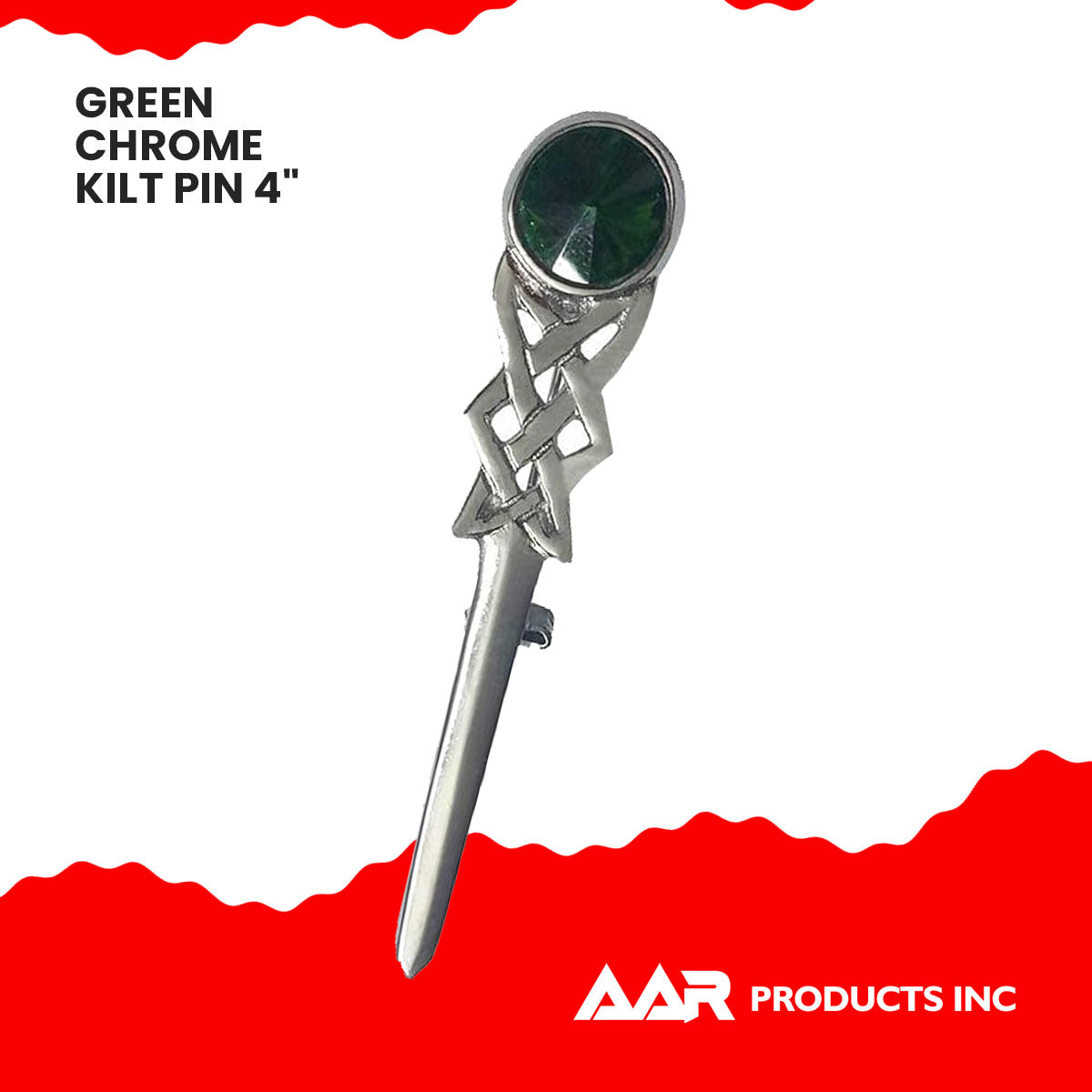 Kilt Pin Scottish Celtic Knot Stone Chrome Finish Green Stone