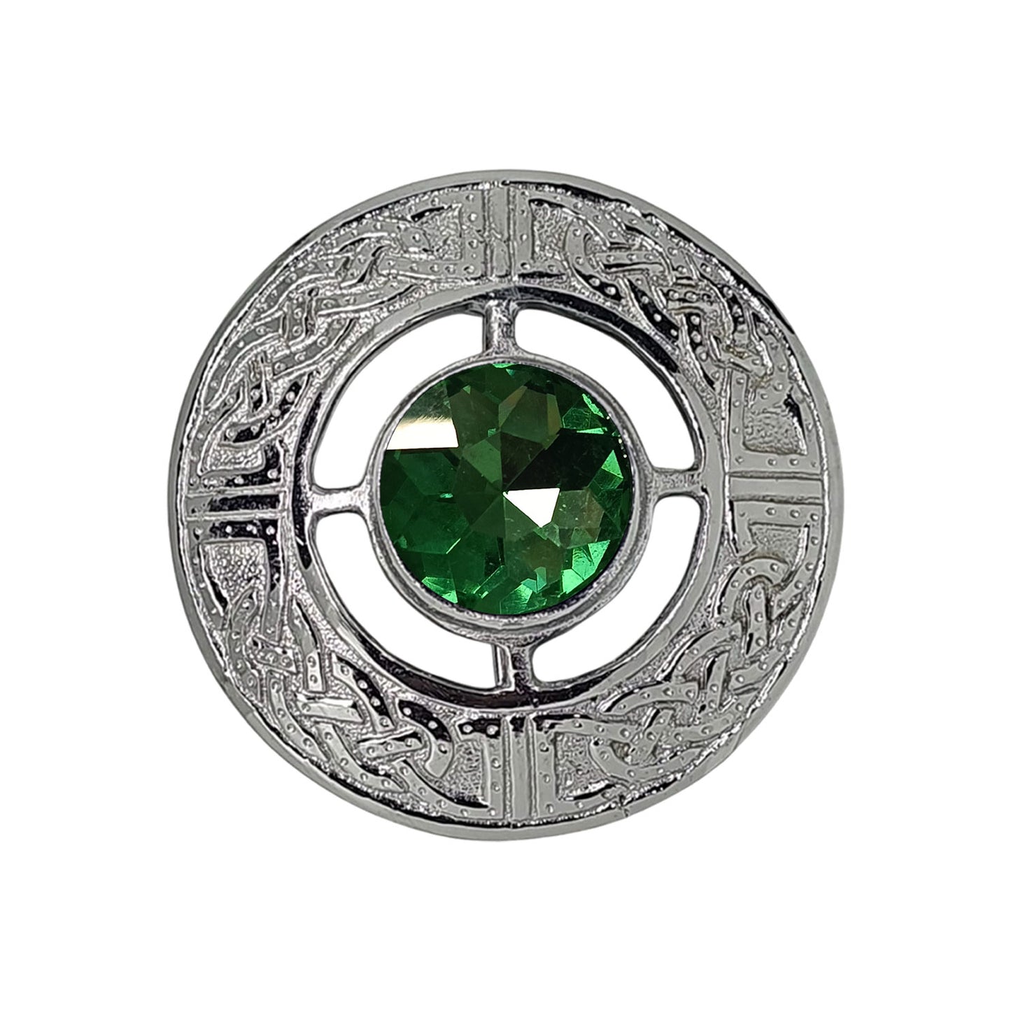AAR Men's Scottish Celtic Kilt Fly Plaid Brooch Green Stone Chrome Finish 3"
