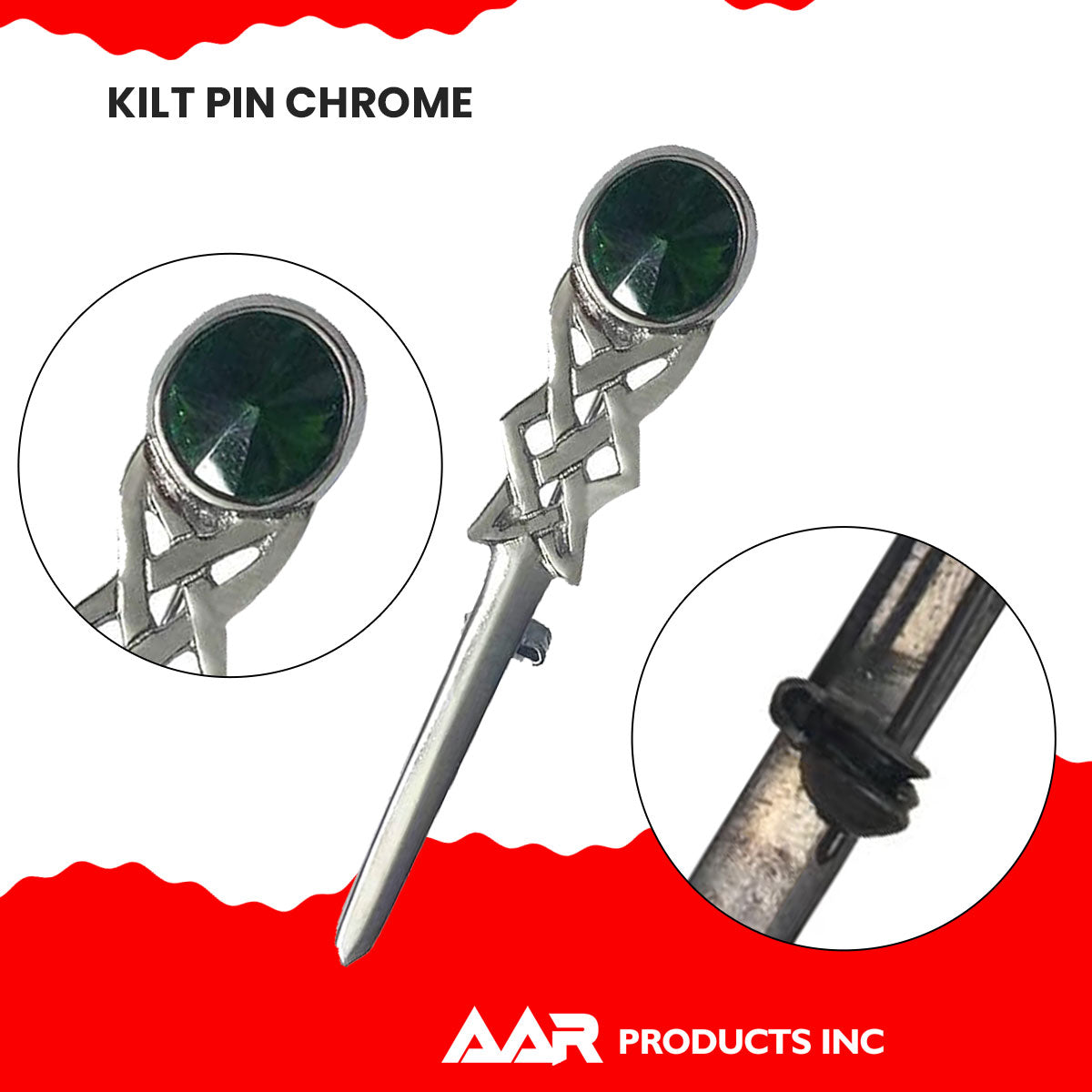 Kilt Pin Scottish Celtic Knot Stone Chrome Finish Green Stone