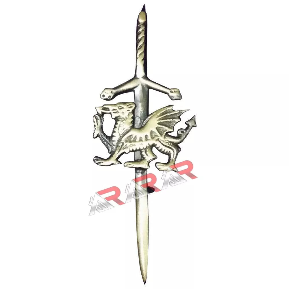 kilt Pin Welsh Dragon Scottish Highland Kilts Sporran Gold Chrome Antique Chrome Finish 4" AAR