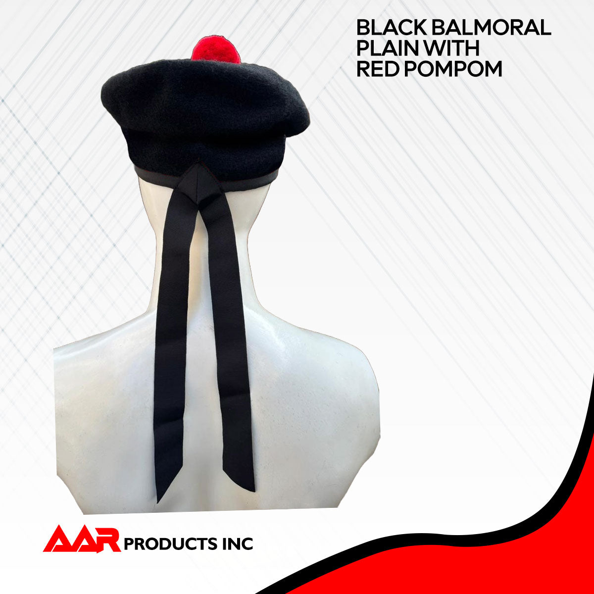 New Scottish Black Wool Balmoral plain Hat With Red Pompom on Top