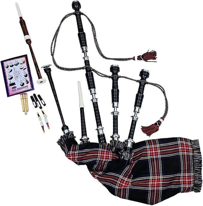 Scottish Bagpipe Rosewood Royal Stewart Tartan Black Finish with Silver Plain Mounts Free Tutor Book, Carrying Bag, Drone, Reeds