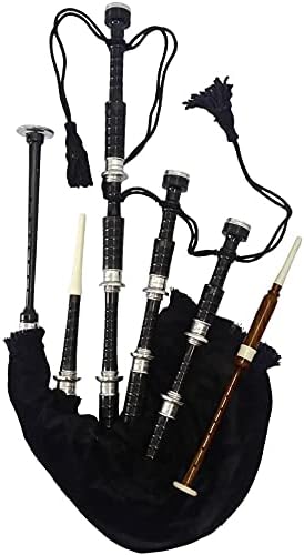 Scottish Bagpipe Rosewood Royal Stewart Tartan Black Finish with Silver Plain Mounts Free Tutor Book, Carrying Bag, Drone, Reeds