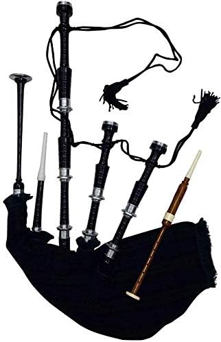 Scottish Bagpipe Rosewood Royal Stewart Tartan Black Finish with Silver Plain Mounts Free Tutor Book, Carrying Bag, Drone, Reeds