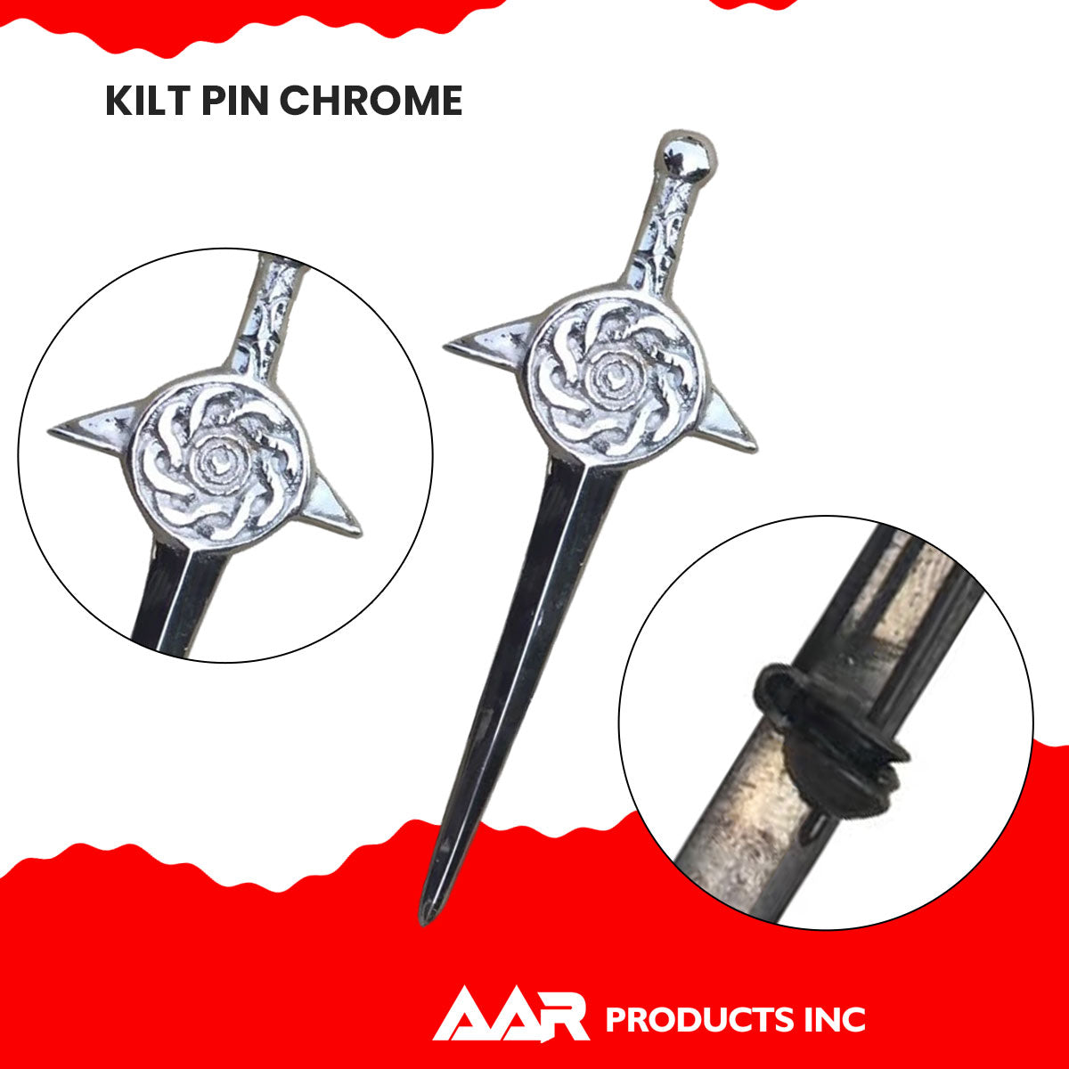 AAR 4" Swirl Sword Celtic Knot Shield Design Kilts Pin Chrome
