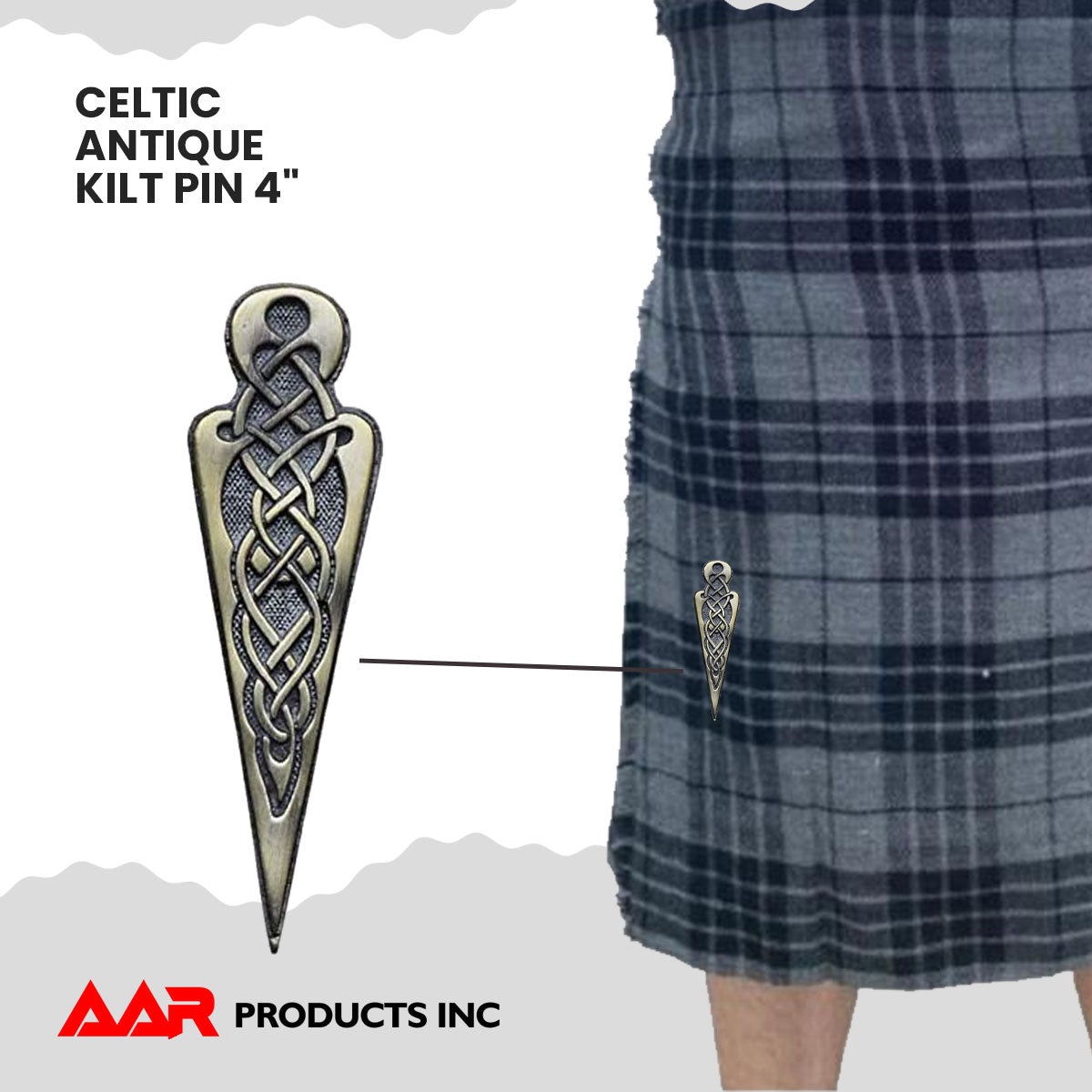 AAR Celtic Knot Swirl Kilt Pin – 4" Antique & Chrome Finish | Scottish Highland Kilt Brooch for Men