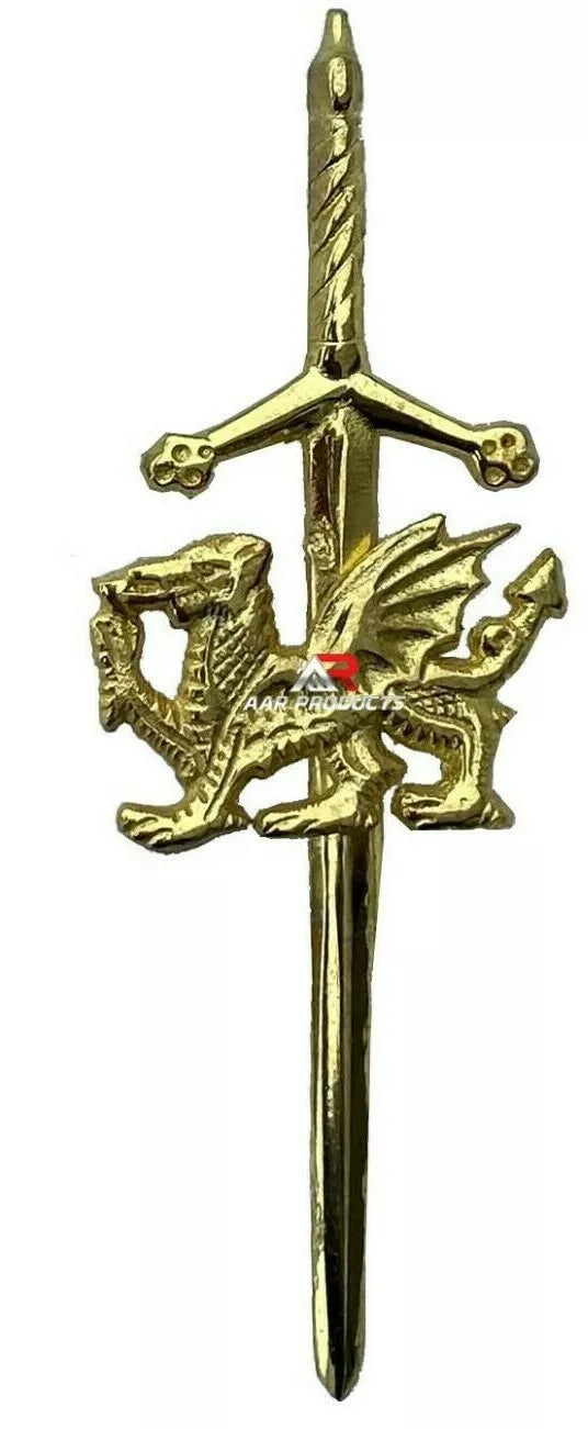 kilt Pin Welsh Dragon Scottish Highland Kilts Sporran Gold Chrome Antique Chrome Finish 4" AAR