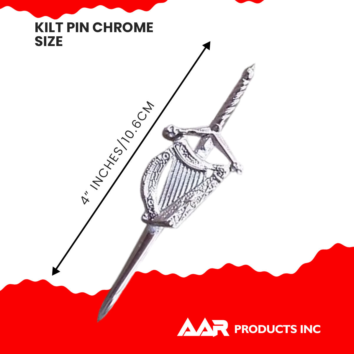 Irish Harp kilt Pin 4" Highland Chrome Finish Scottish Kilt Pin