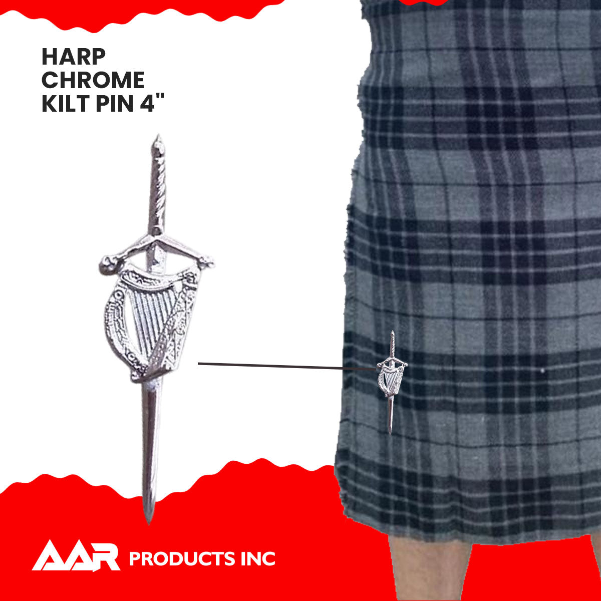 Irish Harp kilt Pin 4" Highland Chrome Finish Scottish Kilt Pin