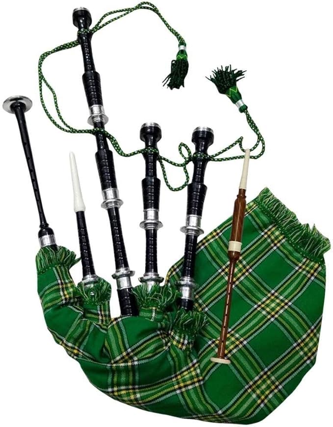 Scottish Bagpipe Rosewood Royal Stewart Tartan Black Finish with Silver Plain Mounts Free Tutor Book, Carrying Bag, Drone, Reeds