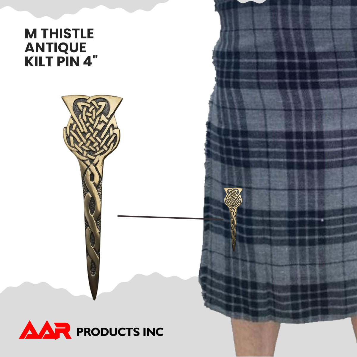 AAR Scottish Thistle Celtic Crest Kilt Pin – 4" Antique Brass & Chrome Finish | Highland Sword Design Brooch