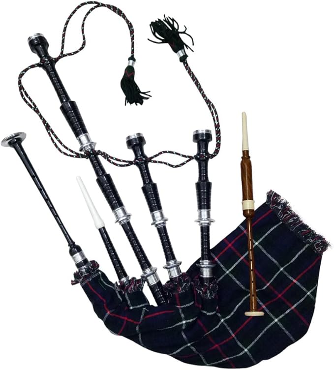 Scottish Bagpipe Rosewood Royal Stewart Tartan Black Finish with Silver Plain Mounts Free Tutor Book, Carrying Bag, Drone, Reeds