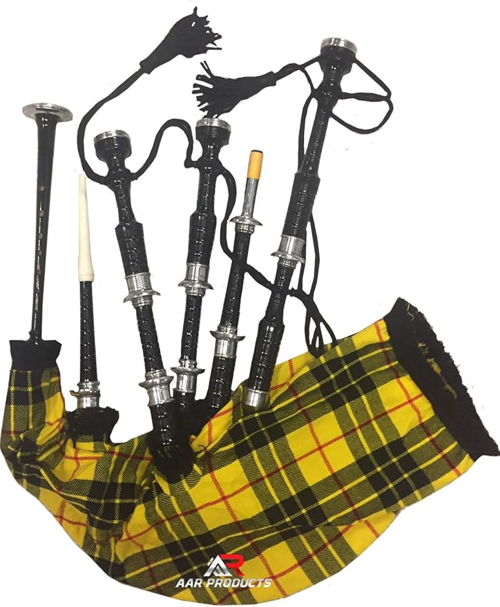 Scottish Bagpipe Rosewood Royal Stewart Tartan Black Finish with Silver Plain Mounts Free Tutor Book, Carrying Bag, Drone, Reeds