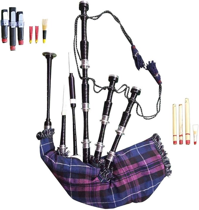 Scottish Bagpipe Rosewood Royal Stewart Tartan Black Finish with Silver Plain Mounts Free Tutor Book, Carrying Bag, Drone, Reeds