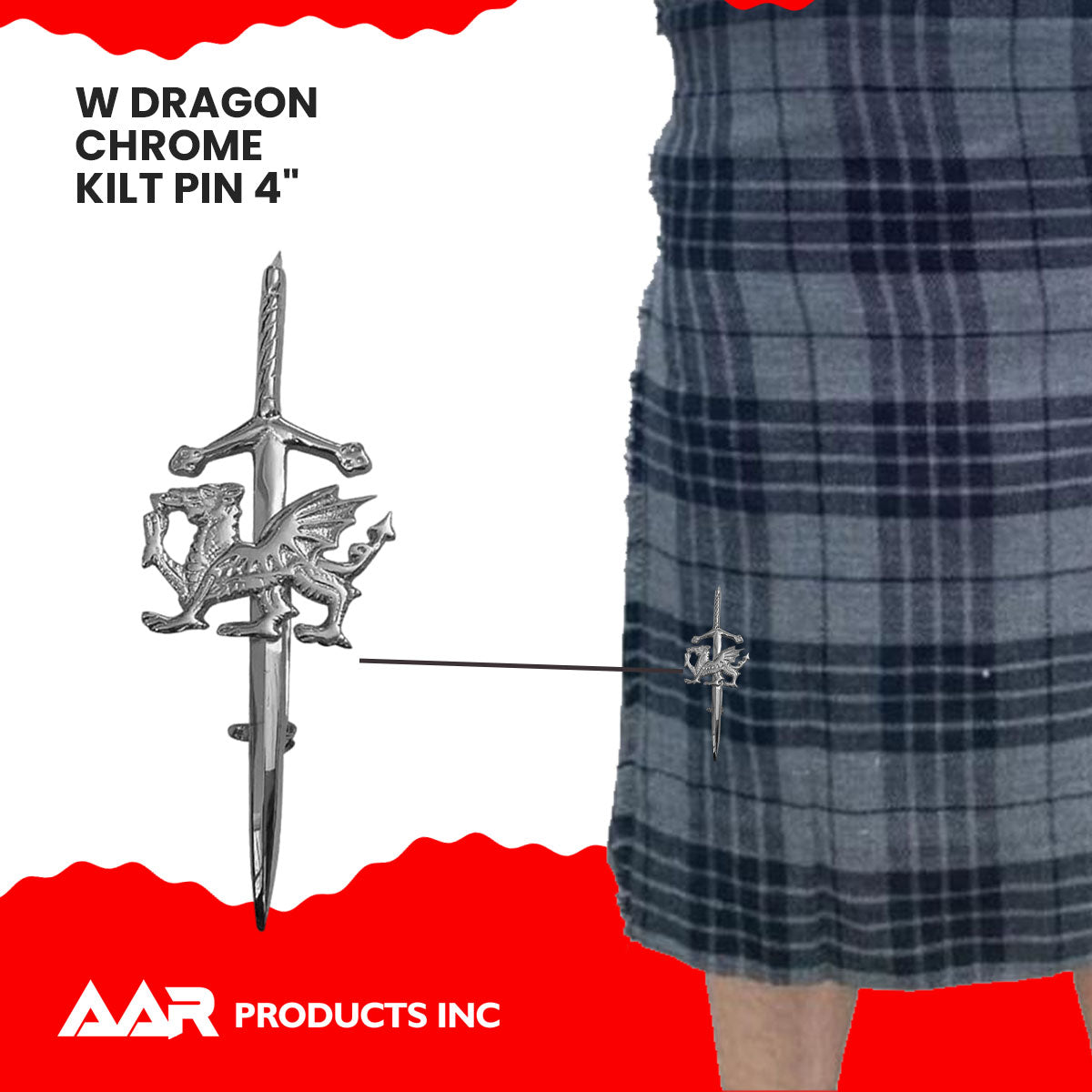 Kilt Pins Scottish Chrome Kilts Pin Welsh Dragon Badge 4"