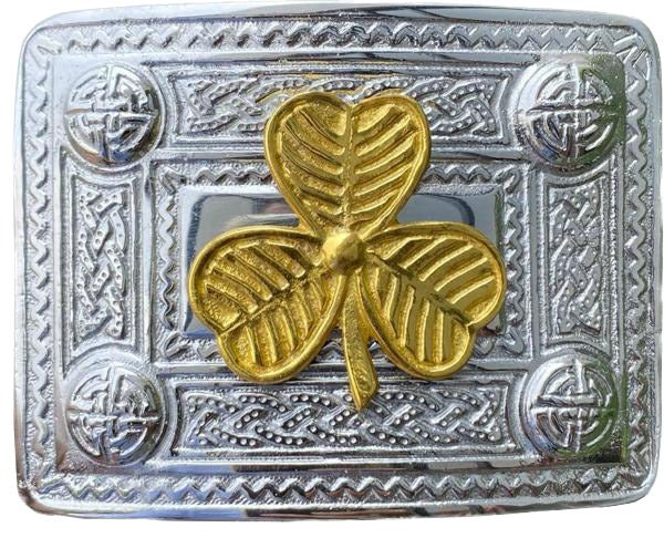 Scottish Kilt Belt Buckle Celtic Design with Irish Shamrock Badge Gold Plated