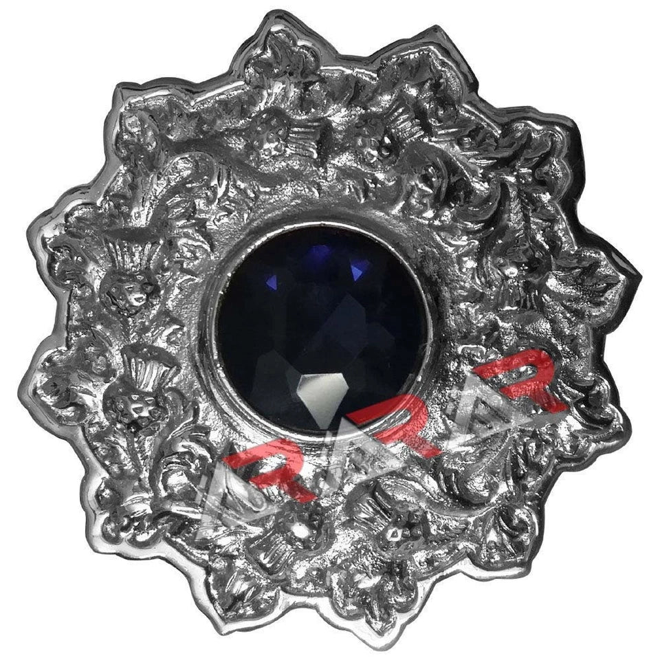 AAR Scottish Kilt Fly Plaid Brooch – Thistle Design with Colored Stones | 4" Chrome Finish Highland Accessory