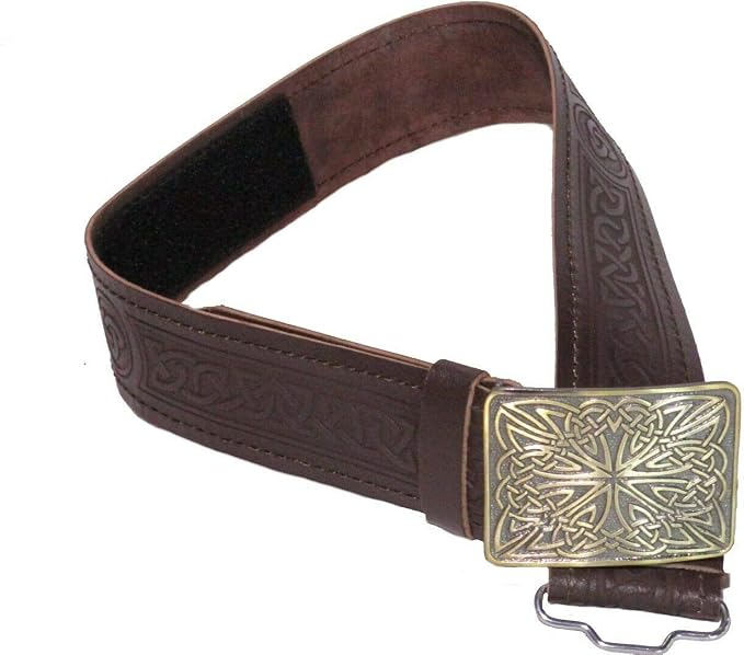 Leather Celtic Kilt Belt with Antique Finish Buckle Scottish Highland Black & Brown