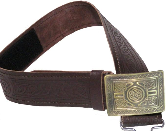 Leather Celtic Kilt Belt with Antique Finish Buckle Scottish Highland Black & Brown