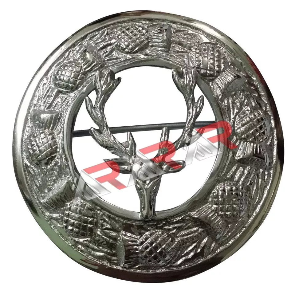 AAR Men,s Scottish Stag Head Kilt Brooch Fly Plaid Antique Chrome Finish 3" (7cm) diameter S