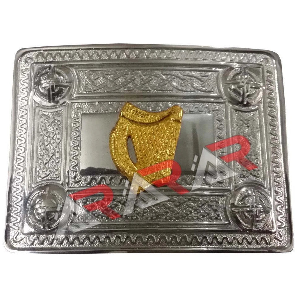 AAR Scottish Kilt Belt Buckle Celtic Design with Different Gold Badges Chrome Finish