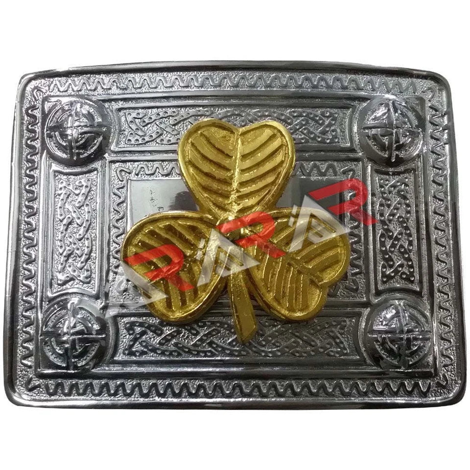 AAR Scottish Kilt Belt Buckle Celtic Design with Different Gold Badges Chrome Finish