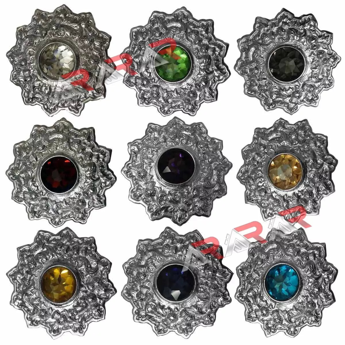 AAR Scottish Kilt Fly Plaid Brooch – Thistle Design with Colored Stones | 4" Chrome Finish Highland Accessory