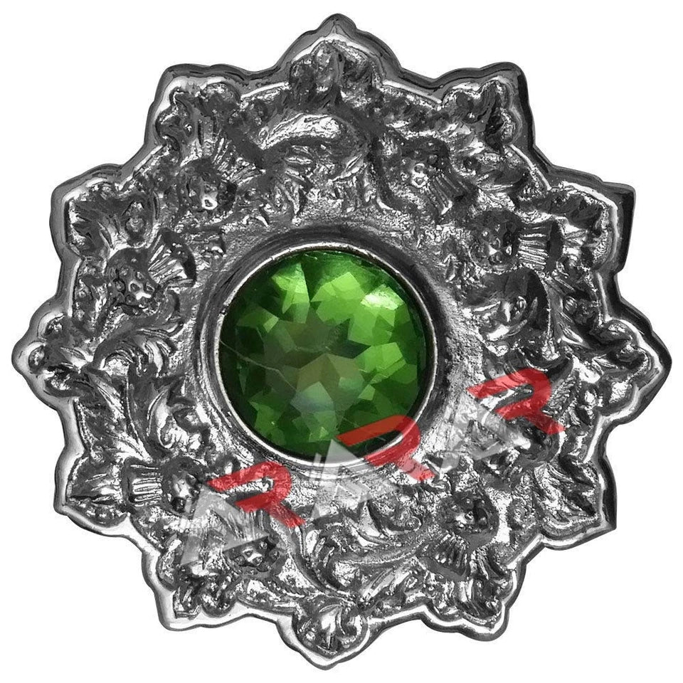 AAR Scottish Kilt Fly Plaid Brooch – Thistle Design with Colored Stones | 4" Chrome Finish Highland Accessory