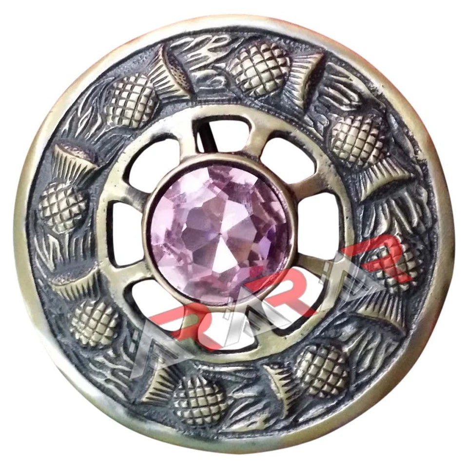 AAR Scottish Highland Kilt Fly Plaid Brooch Thistle Design Antique Finish 3 inch