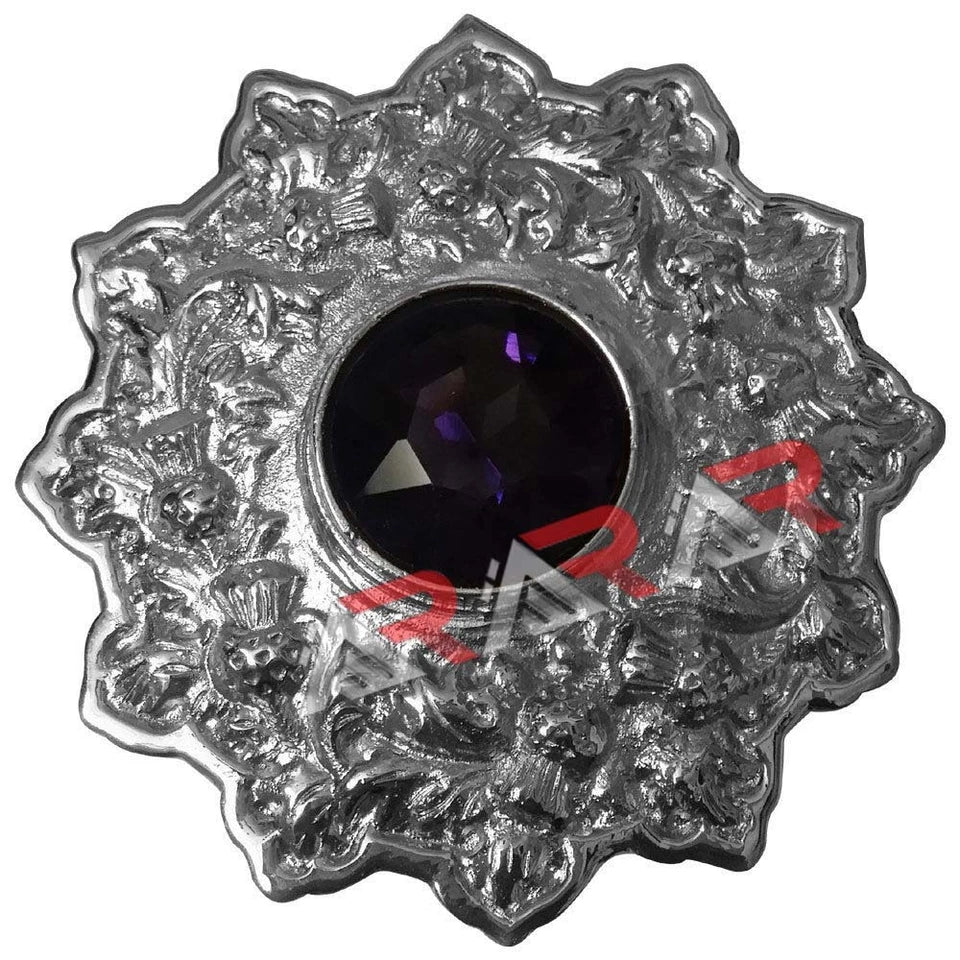 AAR Scottish Kilt Fly Plaid Brooch – Thistle Design with Colored Stones | 4" Chrome Finish Highland Accessory