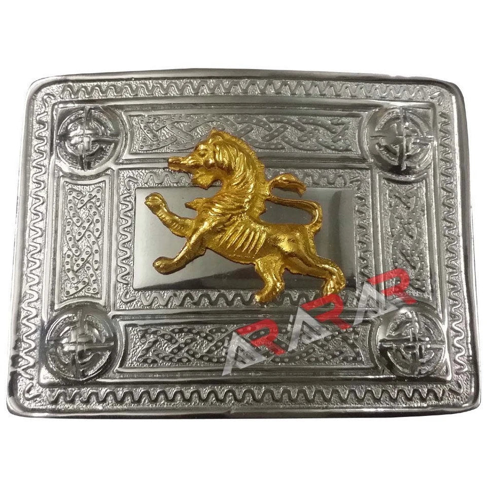 AAR Scottish Kilt Belt Buckle Celtic Design with Different Gold Badges Chrome Finish