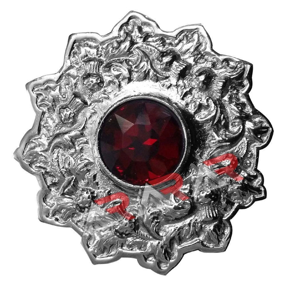 AAR Scottish Kilt Fly Plaid Brooch – Thistle Design with Colored Stones | 4" Chrome Finish Highland Accessory
