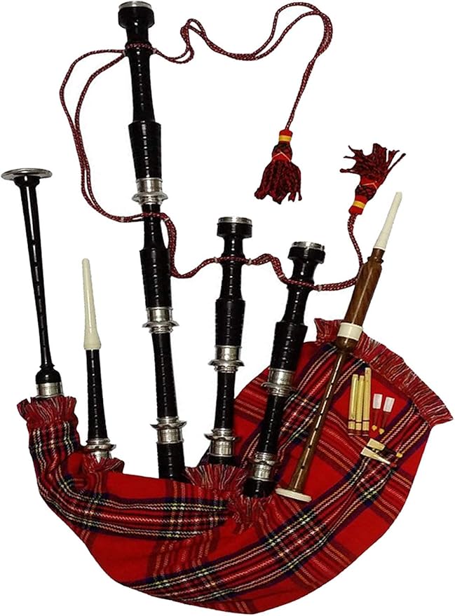 Scottish Bagpipe Rosewood Royal Stewart Tartan Black Finish with Silver Plain Mounts Free Tutor Book, Carrying Bag, Drone, Reeds