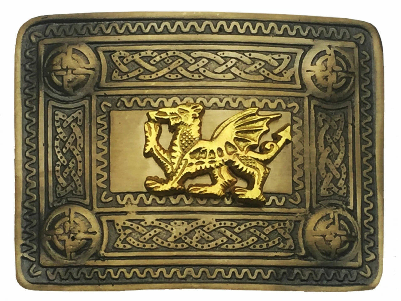 Mens Scottish B N Kilt Belt Buckle Design Mirror Golden Welsh Dragon Antique