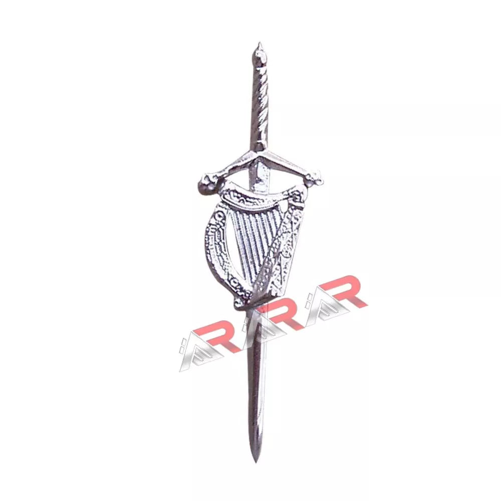 AAR Irish Celtic Harp Sword Kilt Pin – 4" Chrome & Gold Plated | Highland Scottish Brooch with Gift Box