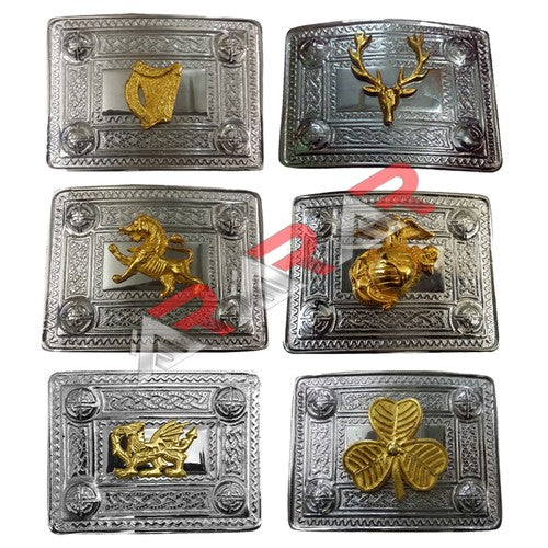 AAR Scottish Kilt Belt Buckle Celtic Design with Different Gold Badges Chrome Finish