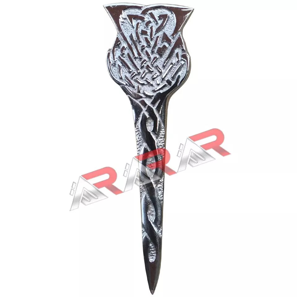 AAR Scottish Thistle Celtic Crest Kilt Pin – 4" Antique Brass & Chrome Finish | Highland Sword Design Brooch