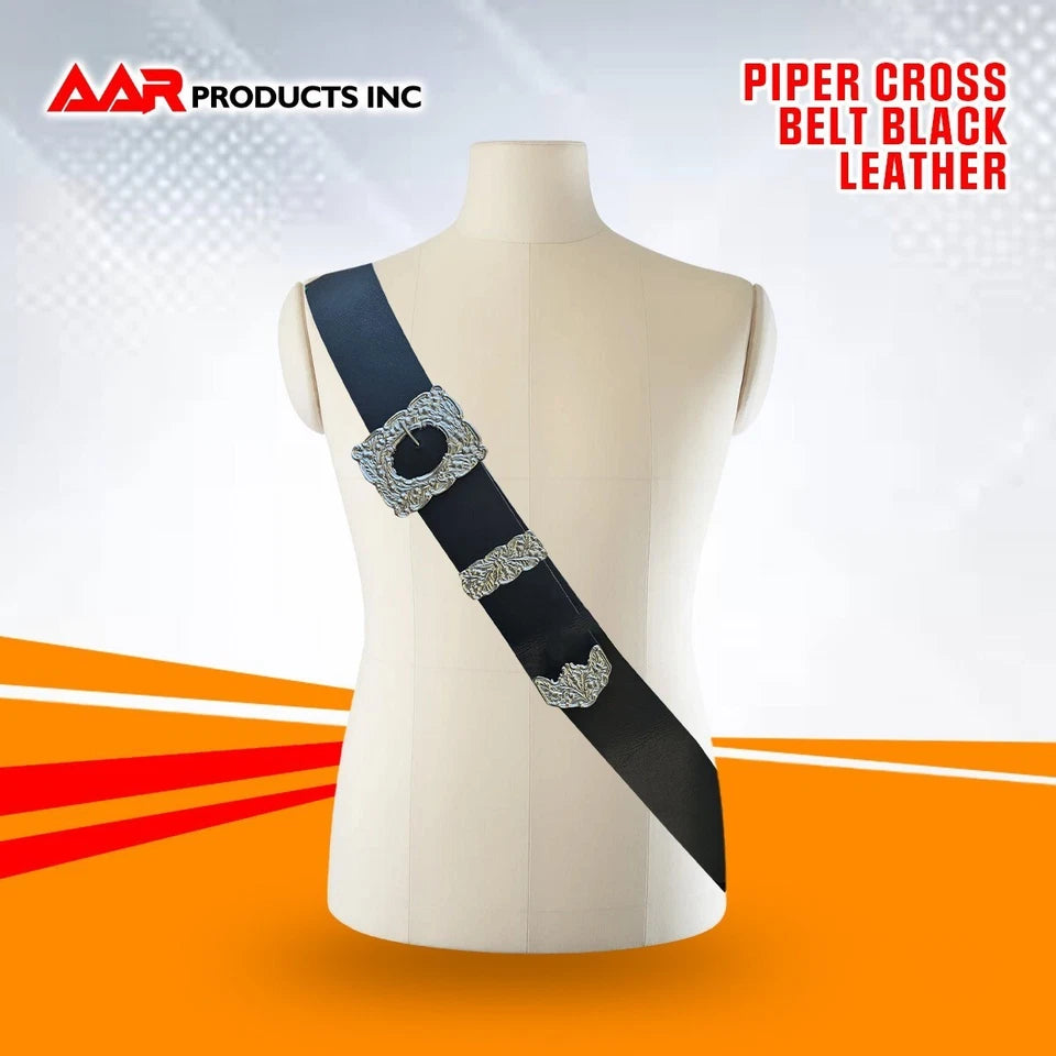 Scottish Bagpipe Piper Cross Belt Klit Black White Leather With Thislt Mount Chrome AAR New
