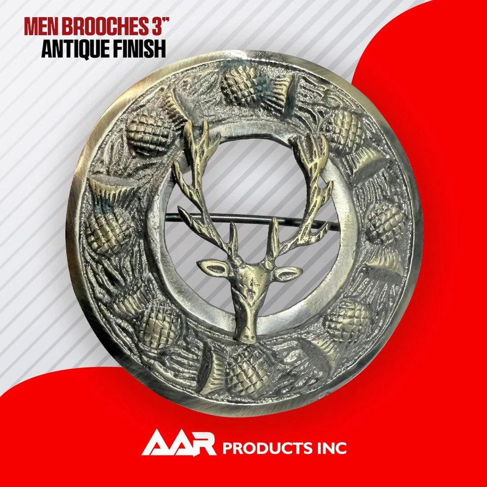 AAR Men,s Scottish Stag Head Kilt Brooch Fly Plaid Antique Chrome Finish 3" (7cm) diameter S
